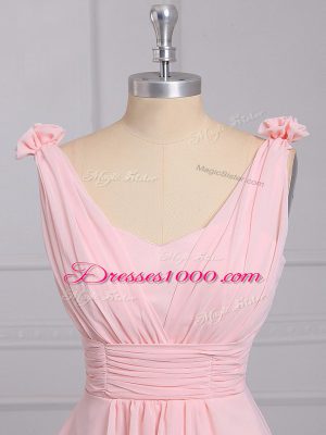 Baby Pink Lace Up Straps Hand Made Flower Dama Dress Chiffon Sleeveless