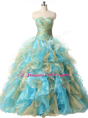 Customized Organza Sleeveless Floor Length Quinceanera Gowns and Beading and Ruffles