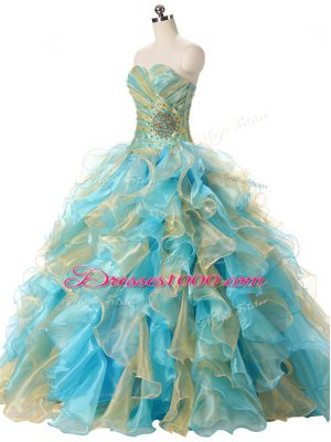 Customized Organza Sleeveless Floor Length Quinceanera Gowns and Beading and Ruffles