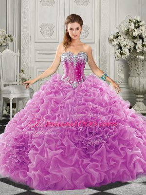 Elegant Lilac Sleeveless Beading and Ruffles Lace Up Sweet 16 Dresses