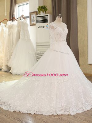 White Zipper Scoop Beading and Lace and Appliques Wedding Gowns Tulle Long Sleeves Chapel Train