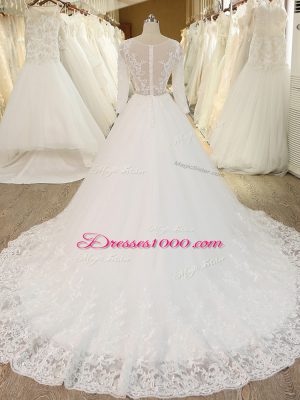 White Zipper Scoop Beading and Lace and Appliques Wedding Gowns Tulle Long Sleeves Chapel Train