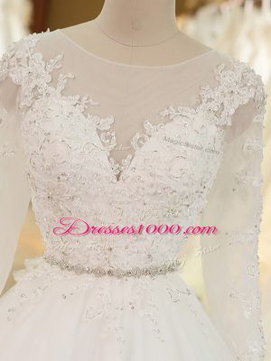 White Zipper Scoop Beading and Lace and Appliques Wedding Gowns Tulle Long Sleeves Chapel Train