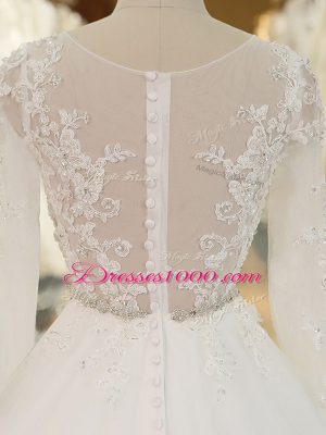 White Zipper Scoop Beading and Lace and Appliques Wedding Gowns Tulle Long Sleeves Chapel Train