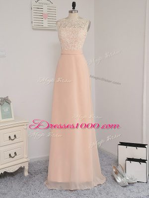 Peach Chiffon Backless Damas Dress Sleeveless Floor Length Lace