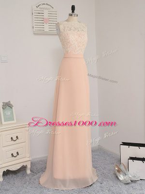 Peach Chiffon Backless Damas Dress Sleeveless Floor Length Lace