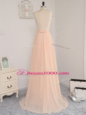 Peach Chiffon Backless Damas Dress Sleeveless Floor Length Lace