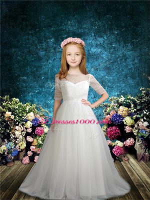 White Half Sleeves Tulle Brush Train Zipper Flower Girl Dress for Wedding Party