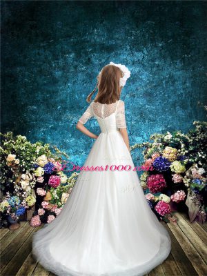 White Half Sleeves Tulle Brush Train Zipper Flower Girl Dress for Wedding Party