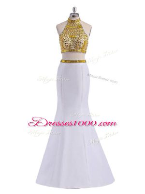 On Sale White Halter Top Neckline Beading Dress for Prom Sleeveless Lace Up