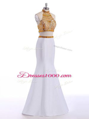 On Sale White Halter Top Neckline Beading Dress for Prom Sleeveless Lace Up