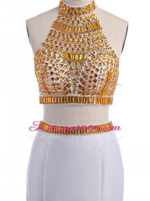 On Sale White Halter Top Neckline Beading Dress for Prom Sleeveless Lace Up