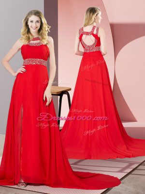 Chic Red Scoop Backless Beading Dress for Prom Brush Train Sleeveless