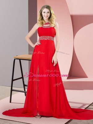 Chic Red Scoop Backless Beading Dress for Prom Brush Train Sleeveless