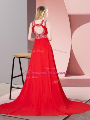Chic Red Scoop Backless Beading Dress for Prom Brush Train Sleeveless