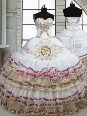 Custom Made White Sweetheart Neckline Beading and Embroidery and Ruffled Layers Ball Gown Prom Dress Sleeveless Lace Up