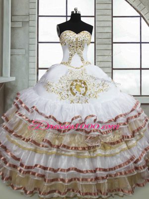 Custom Made White Sweetheart Neckline Beading and Embroidery and Ruffled Layers Ball Gown Prom Dress Sleeveless Lace Up