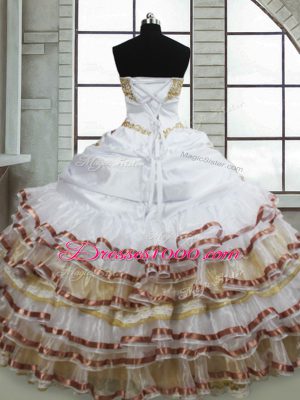 Custom Made White Sweetheart Neckline Beading and Embroidery and Ruffled Layers Ball Gown Prom Dress Sleeveless Lace Up