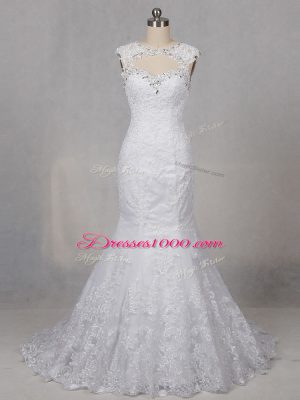 Sleeveless Tulle Brush Train Backless Wedding Gowns in White with Beading and Lace