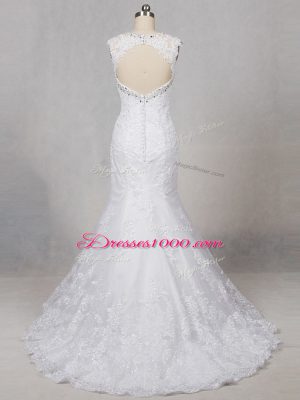 Sleeveless Tulle Brush Train Backless Wedding Gowns in White with Beading and Lace