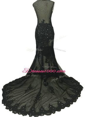 Perfect Beading and Lace and Appliques Mother of the Bride Dress Black Side Zipper Sleeveless Brush Train