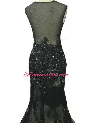 Perfect Beading and Lace and Appliques Mother of the Bride Dress Black Side Zipper Sleeveless Brush Train