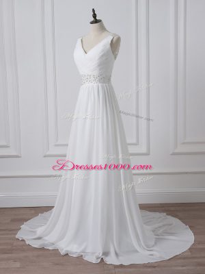 Custom Made White Empire V-neck Sleeveless Chiffon Brush Train Backless Beading and Ruching Wedding Dress