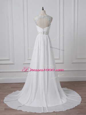 Custom Made White Empire V-neck Sleeveless Chiffon Brush Train Backless Beading and Ruching Wedding Dress