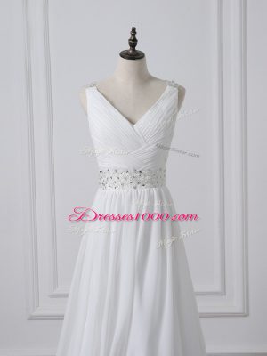 Custom Made White Empire V-neck Sleeveless Chiffon Brush Train Backless Beading and Ruching Wedding Dress