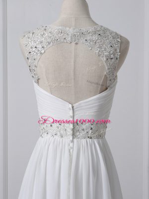 Custom Made White Empire V-neck Sleeveless Chiffon Brush Train Backless Beading and Ruching Wedding Dress