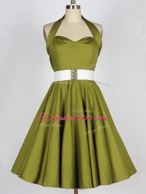 Olive Green Wedding Party Dress Prom and Party and Wedding Party with Belt Halter Top Sleeveless Lace Up