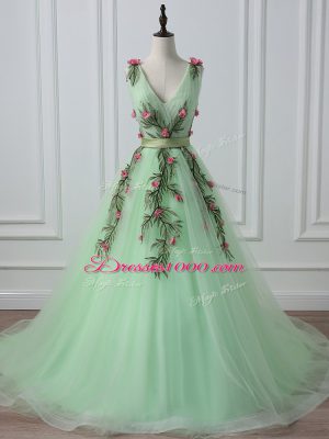 Traditional Sleeveless Court Train Lace Up Belt and Hand Made Flower Prom Dress