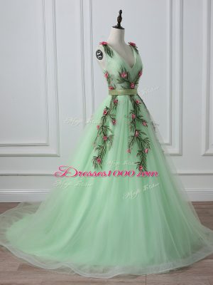 Traditional Sleeveless Court Train Lace Up Belt and Hand Made Flower Prom Dress