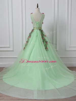 Traditional Sleeveless Court Train Lace Up Belt and Hand Made Flower Prom Dress