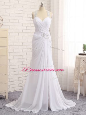 White Column/Sheath Straps Sleeveless Chiffon Brush Train Side Zipper Beading and Ruching Wedding Gown