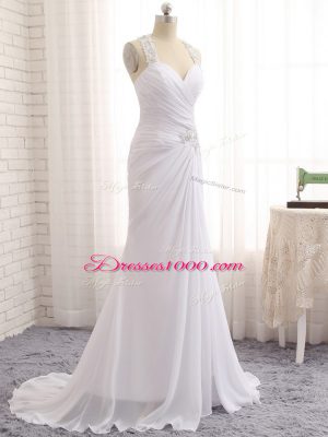 White Column/Sheath Straps Sleeveless Chiffon Brush Train Side Zipper Beading and Ruching Wedding Gown