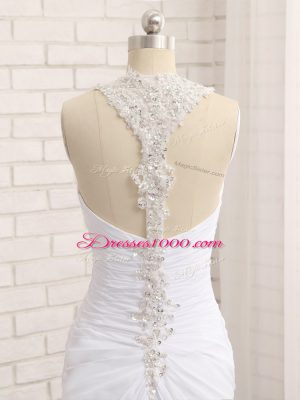 White Column/Sheath Straps Sleeveless Chiffon Brush Train Side Zipper Beading and Ruching Wedding Gown