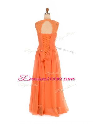 Floor Length Empire Sleeveless Orange Red Wedding Guest Dresses Lace Up