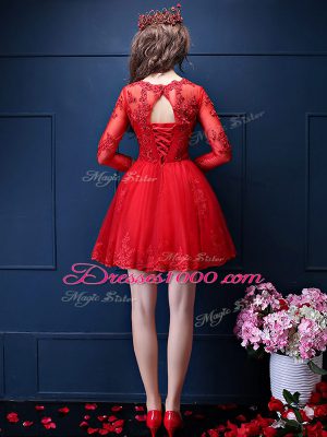 Latest Fuchsia A-line Chiffon Scalloped 3 4 Length Sleeve Beading and Lace and Appliques Mini Length Lace Up Bridesmaid Dress