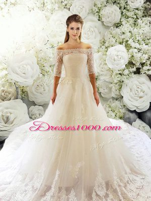 Custom Design White Wedding Dress Tulle Court Train Half Sleeves Lace