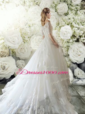 Custom Design White Wedding Dress Tulle Court Train Half Sleeves Lace