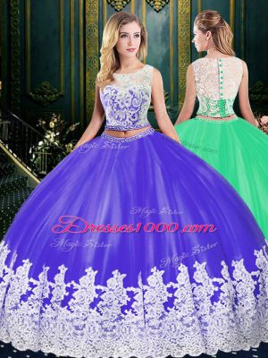 Amazing Floor Length Blue And White Vestidos de Quinceanera Scoop Sleeveless Clasp Handle