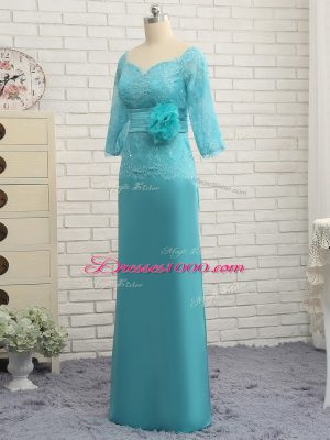 Fine Lace and Appliques and Ruching and Hand Made Flower Mother of Bride Dresses Aqua Blue Zipper Long Sleeves Floor Length