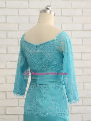 Fine Lace and Appliques and Ruching and Hand Made Flower Mother of Bride Dresses Aqua Blue Zipper Long Sleeves Floor Length