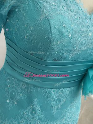 Fine Lace and Appliques and Ruching and Hand Made Flower Mother of Bride Dresses Aqua Blue Zipper Long Sleeves Floor Length