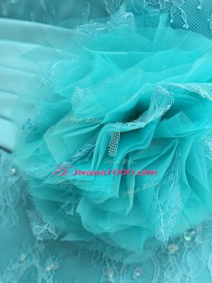 Fine Lace and Appliques and Ruching and Hand Made Flower Mother of Bride Dresses Aqua Blue Zipper Long Sleeves Floor Length