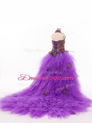 Wonderful Eggplant Purple Sleeveless Ruffles Lace Up Little Girls Pageant Gowns