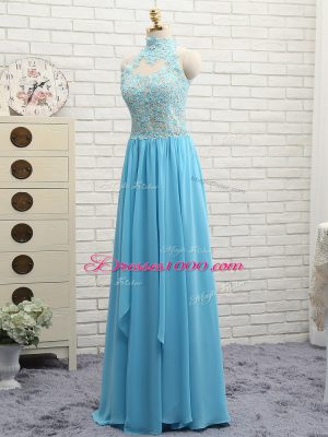 Baby Blue Sleeveless Lace Floor Length