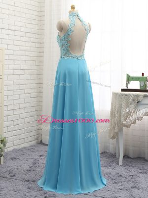 Baby Blue Sleeveless Lace Floor Length