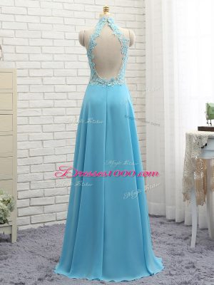 Baby Blue Sleeveless Lace Floor Length